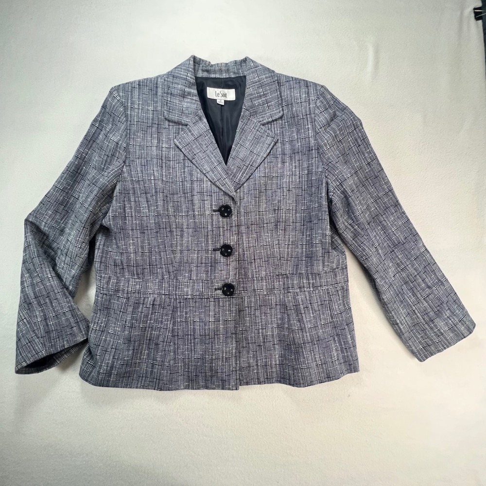Le Suit Womens 18 Navy White Cotton Linen Textured Three Button Blazer Jacket